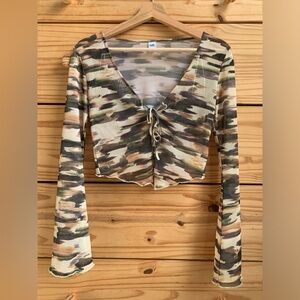 Front Tie Camo Mesh Cardigan